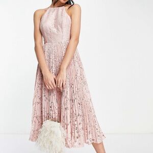 NWOT ASOS Pinny Midi Lace Pleated Prom Wedding Guest Dress in Blush Sz. 14